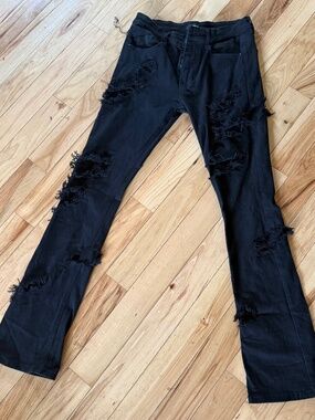 Fashion Nova Men Black Distressed Jeans Soze 32 Slim Fit Ripped Stretch Denim